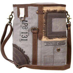 Women’s Vintage Upcycled Canvas Leather Gray Shoulder Bag with Zipper Closure